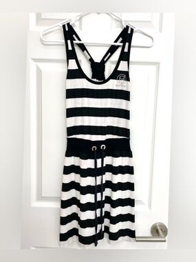 bebe Black & White Striped Racer Back Jersey Mini Dress